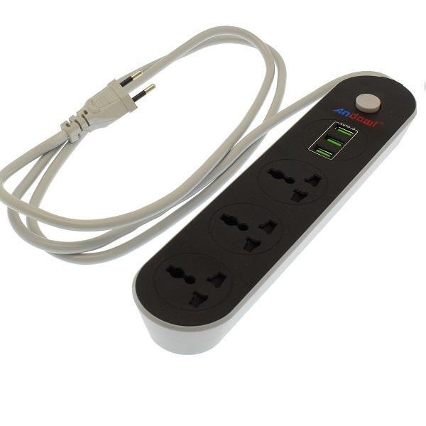 Πολύπριζο Ασφαλείας με 3 Πρίζες και 3 Θύρες USB Andowl T-56