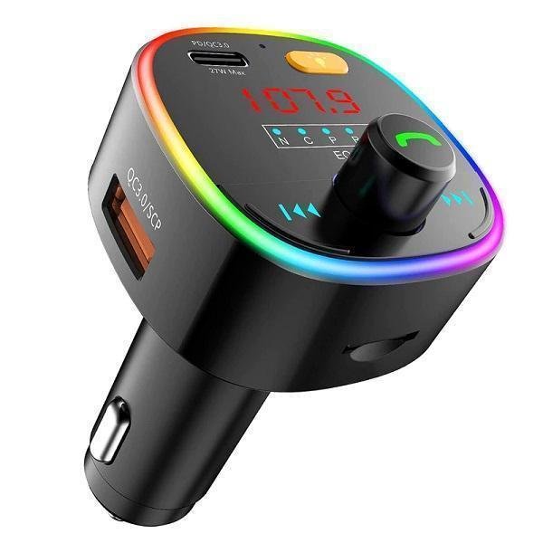 Bluetooth FM Transmitter for Car 10 Colors LED Backlit QC3.0& USB-C PD 27W Quick Charger Car Radio Adapter MP3 Player