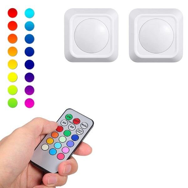 RGB Φωτιστικά LED Puck με αλλαγή χρώματος 1W 40Lm 2τμχ με μπαταρία νυχτερινό φως με τηλεχειριστήριο