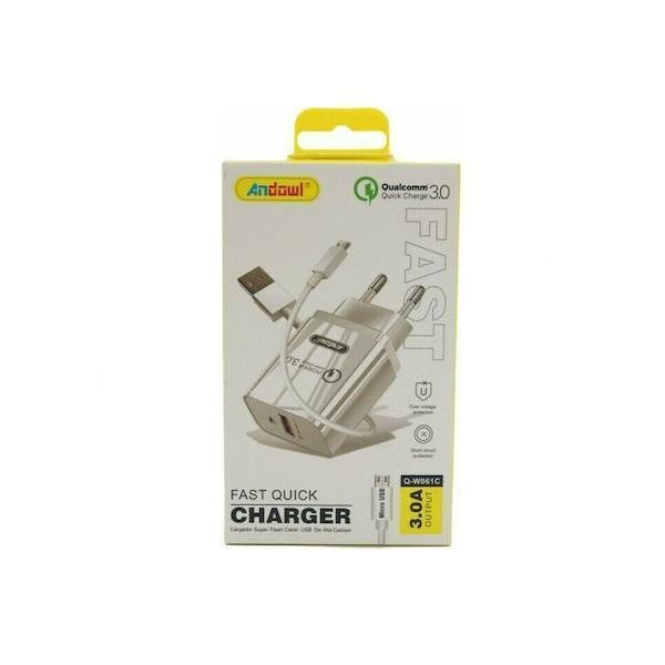 Andowl Φορτιστής με Θύρα USB-A και Καλώδιο micro USB Λευκός (Q-W061C)