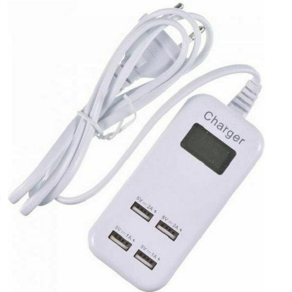 Φορτιστής με Ενσωματωμένο Καλώδιο με 4 Θύρες USB-A 15W Λευκός (με Ένδειξη LCD)