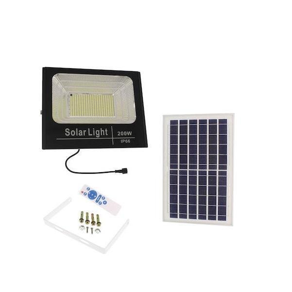 Στεγανός Ηλιακός Προβολέας IP66 Ισχύος 200W με Τηλεχειριστήριο και Ψυχρό Λευκό Φως σε Μαύρο χρώμα GD-8200