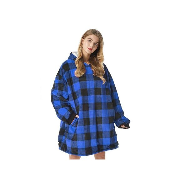 Huggle Κουβέρτα Μπλε Καρώ Βελουτέ με Μανίκια και Κουκούλα 70x90cm