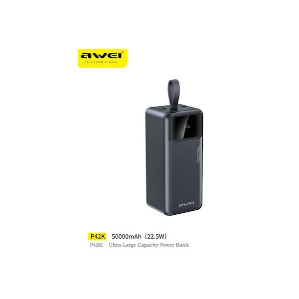 4 Awei P42K Power Bank 50000mAh 22.5W με Θύρα USB-A και Θύρα USB-C Power Delivery Μαύρο 44791024