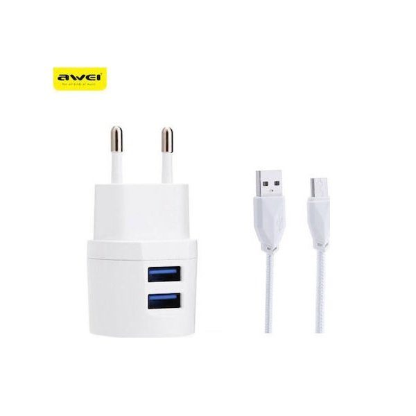 Awei Φορτιστής με 2 Θύρες USB-A και Καλώδιο micro USB Λευκός (C-900) 11248729