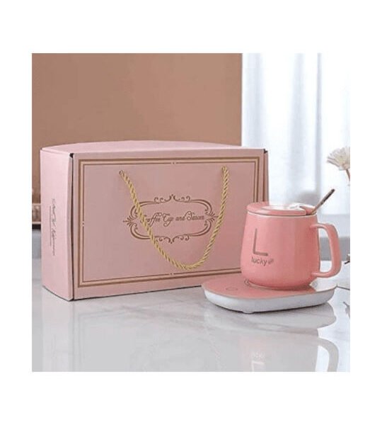 Κούπα κεραμική με καπάκι και κουταλάκι, θερμαινόμενη βάση ρεύματος USB σε κουτί δώρου (ροζ,350ml, 220V, 10W)