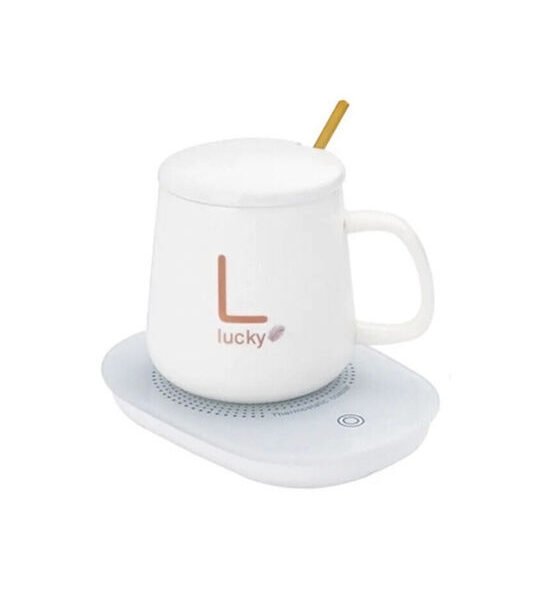 Κούπα κεραμική με καπάκι και κουταλάκι, θερμαινόμενη βάση ρεύματος USB σε κουτί δώρου (λευκό,350ml, 220V, 10W)