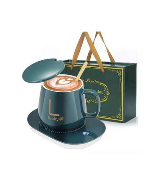 Κεραμική κούπα με καπάκι και θερμαινόμενη βάση USB