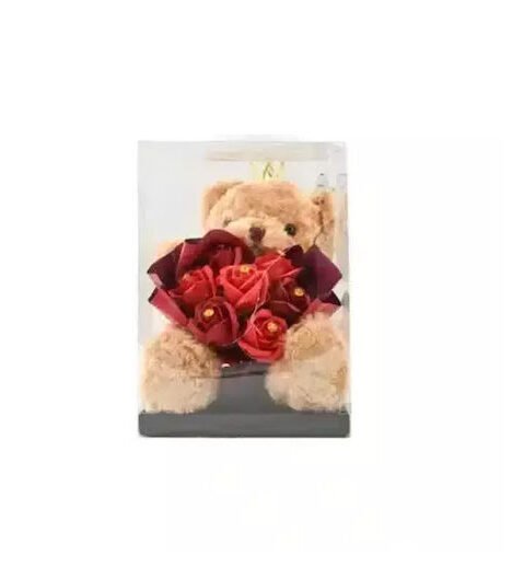 Λούτρινο αρκουδάκι πριγκίπισσα με μπουκέτο κόκκινα τριαντάφυλλλα σε κουτί 84734 καφέ 28εκ