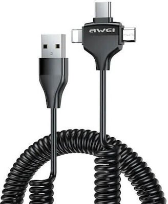 Awei CL-205 Spiral USB to Lightning / Type-C / micro USB Cable 2.4A Μαύρο 1.5m (TS04187)