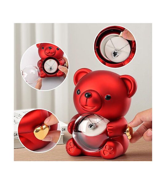 Αρκουδάκι Αγίου Βαλεντίνου Περιστρεφόμενο Τριαντάφυλλο Θήκη Κοσμημάτων Κοκκινο