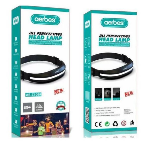Επαναφορτιζόμενος Φακός Κεφαλής Αδιάβροχος IPX4 με Μέγιστη Φωτεινότητα 400lm Aerbes AB-Z1099