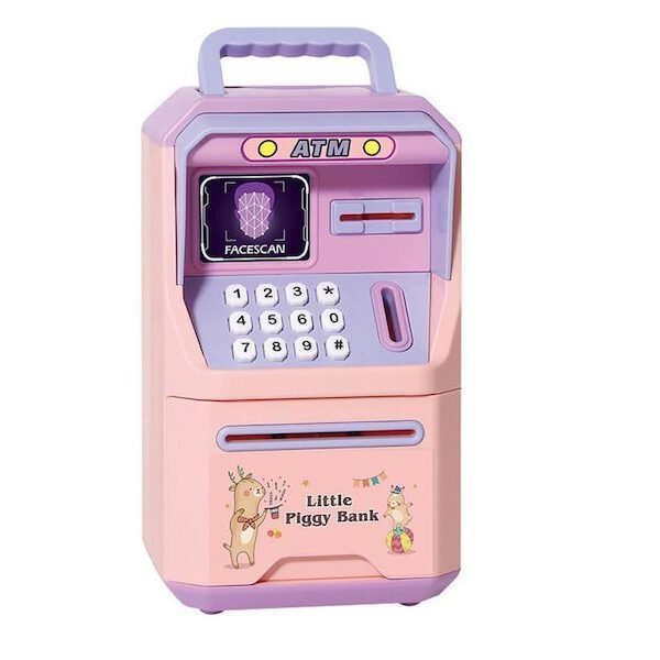 Κουμπαράς πλαστικός mini ATM με κωδικό 13,5x12x23cm ροζ