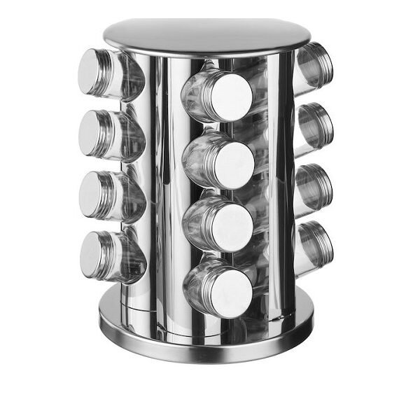 338724204 Θήκες Μπαχαρικών Γυάλινες σε Περιστρεφόμενη Βάση Ασημί 16τμχ