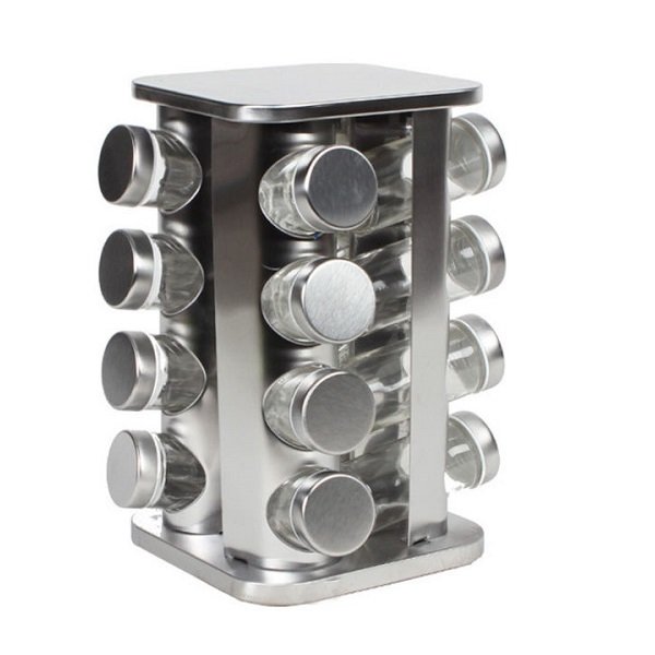 Βαζάκια μπαχαρικών γυάλινα τεμ. 16 με περιστρεφόμενη ΙΝΟΧ τετράγωνη βάση - KESKOR 06007