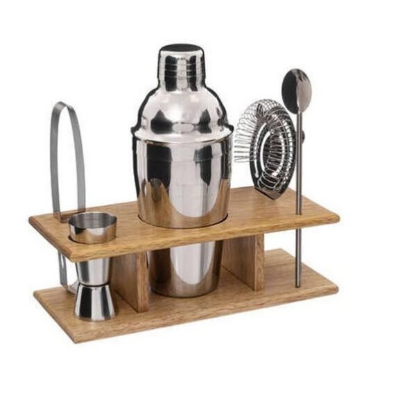 Σετ Κοκτέιλ 6 τεμαχίων από ανοξείδωτο ατσάλι με ξύλινη βάση, 25x10.8x7 cm, Cocktail Set - Aria Trade-188944